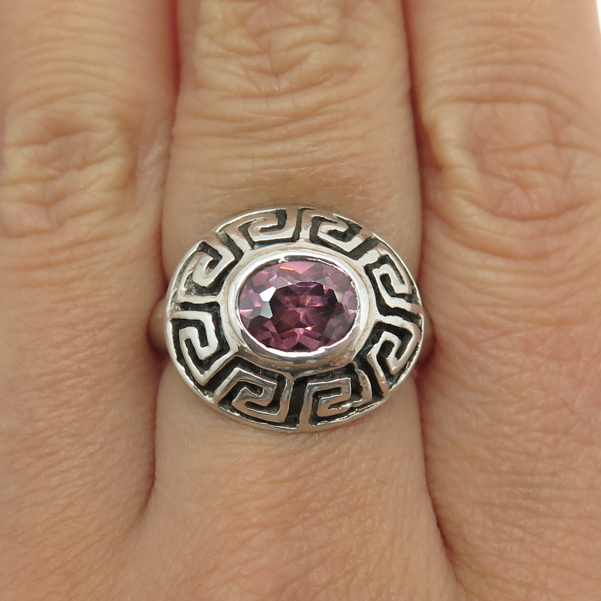 925 Sterling Silver Vintage Real Oval-Cut Tourmaline Greek Maze Ring Size 7.25