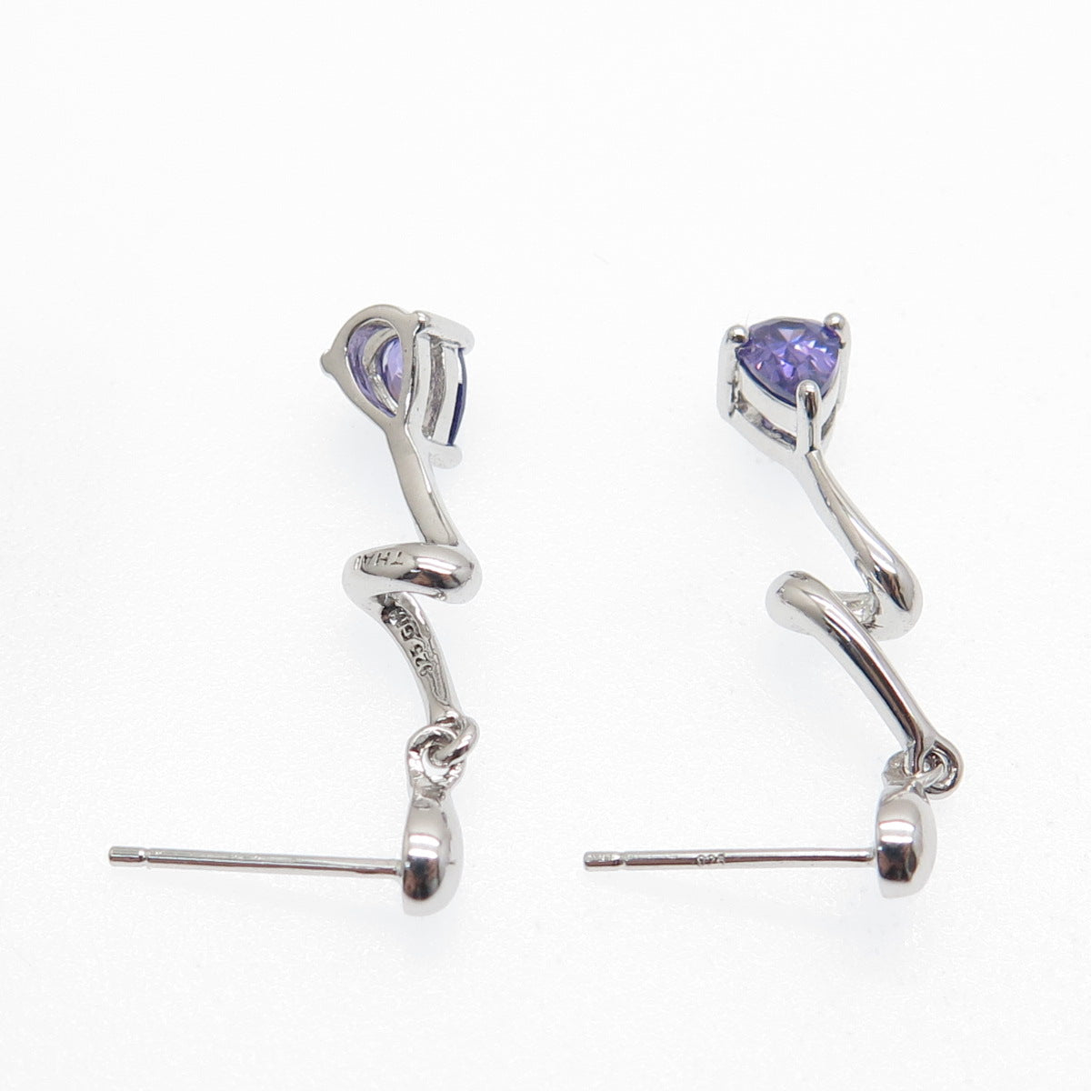 925 Sterling Silver Real Pear-Cut Amethyst Zig Zag Dangle Earrings