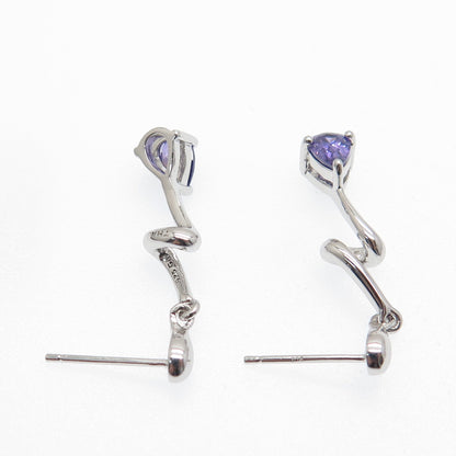 925 Sterling Silver Real Pear-Cut Amethyst Zig Zag Dangle Earrings
