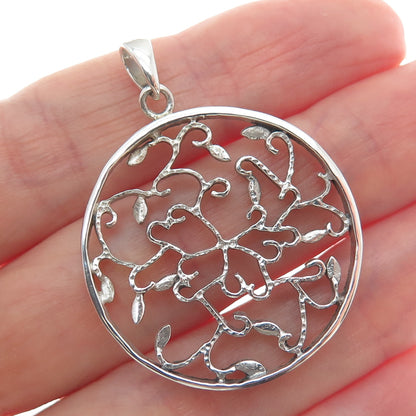 925 Sterling Silver Floral Leaf Scroll Round Charm Pendant
