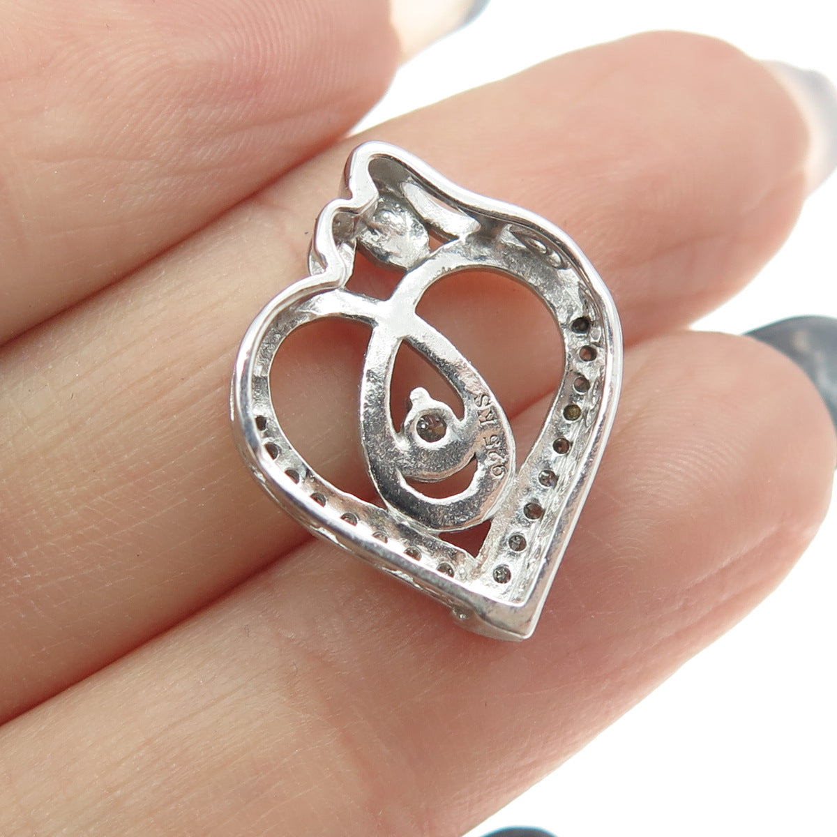 925 Sterling Silver Real Round-Cut Diamond Mom & Child Heart Slide Pendant