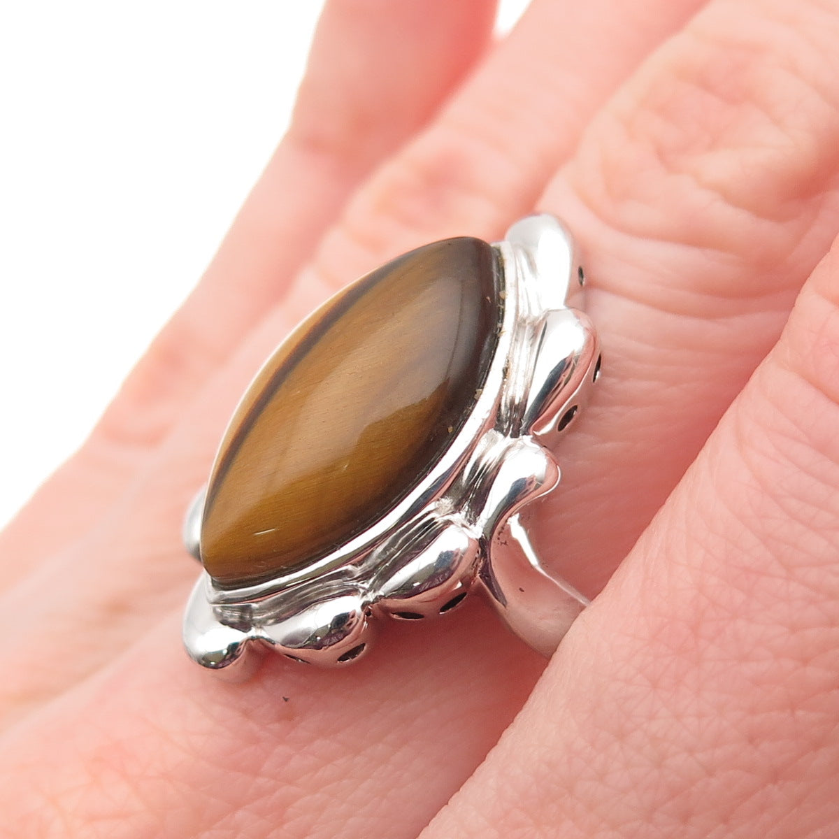 925 Sterling Silver Vintage Real Tiger Eye Modernist Ring Size 7