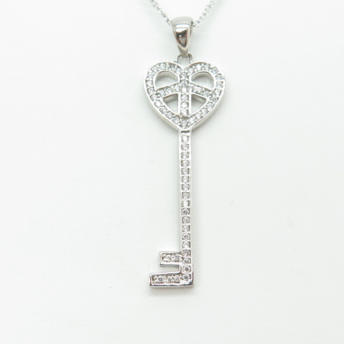 925 Sterling Silver Round-Cut C Z Peace Heart Key Cable Chain Necklace 16-18"