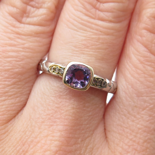 925 Sterling Silver 2-Tone Real Diamond & Amethyst Ring Size 6.75