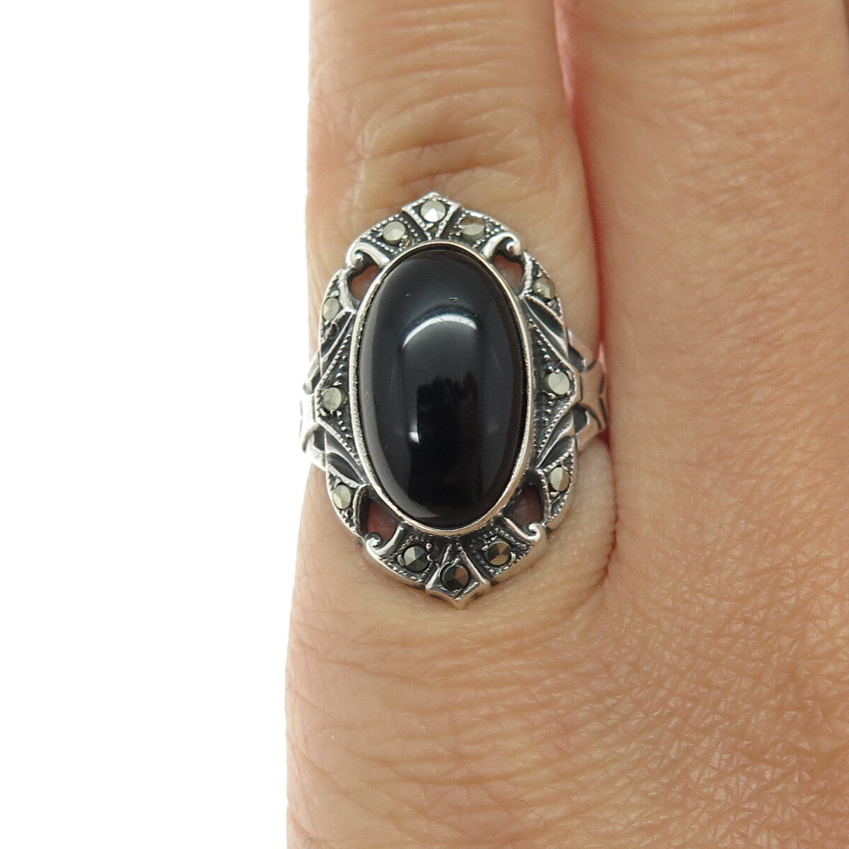 UNCAS Sterling Silver Antique Art Deco Real Black Onyx Marcasite Ring Size 3.25