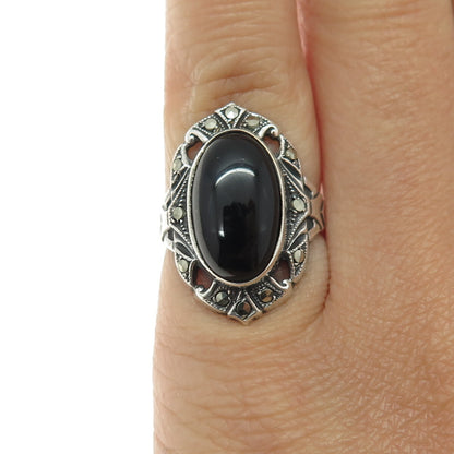 UNCAS Sterling Silver Antique Art Deco Real Black Onyx Marcasite Ring Size 3.25
