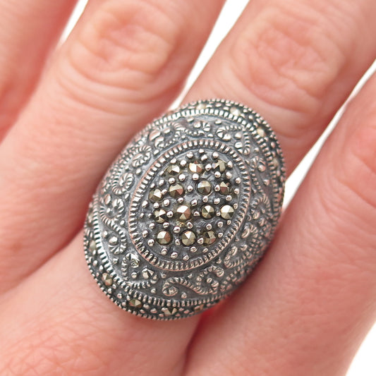 925 Sterling Silver Vintage Real Marcasite Oxidized Ring Size 7