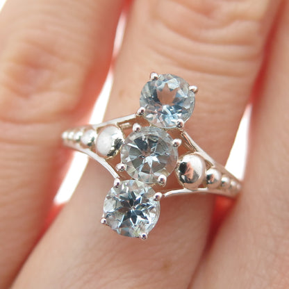 CHUCK CLEMENCY 925 Sterling Silver Vintage Real Round-Cut Blue Topaz Ring Size 5