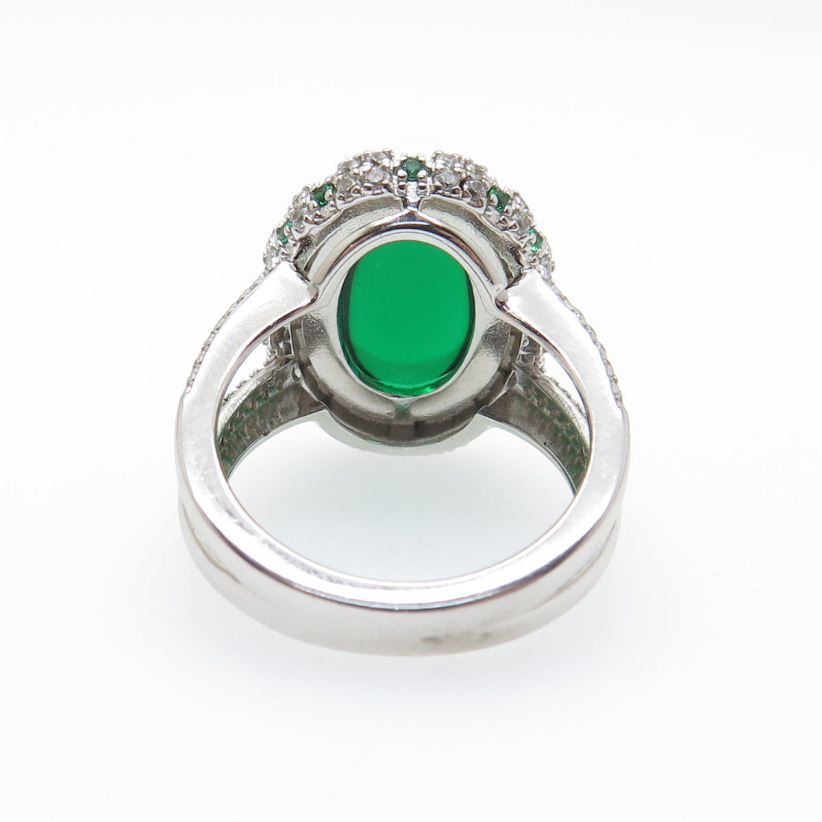 DSMK 925 Sterling Silver Cabochon Nano Emerald & C Z Ring Size 7.25