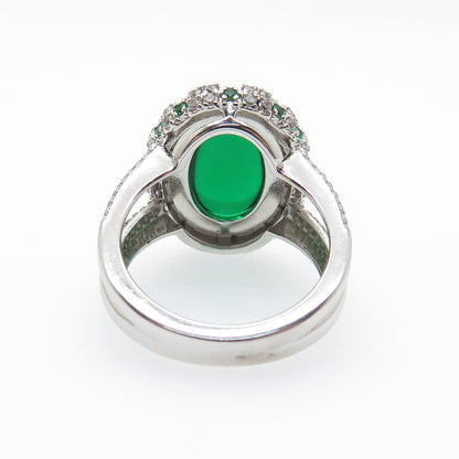 DSMK 925 Sterling Silver Cabochon Nano Emerald & C Z Ring Size 7.25
