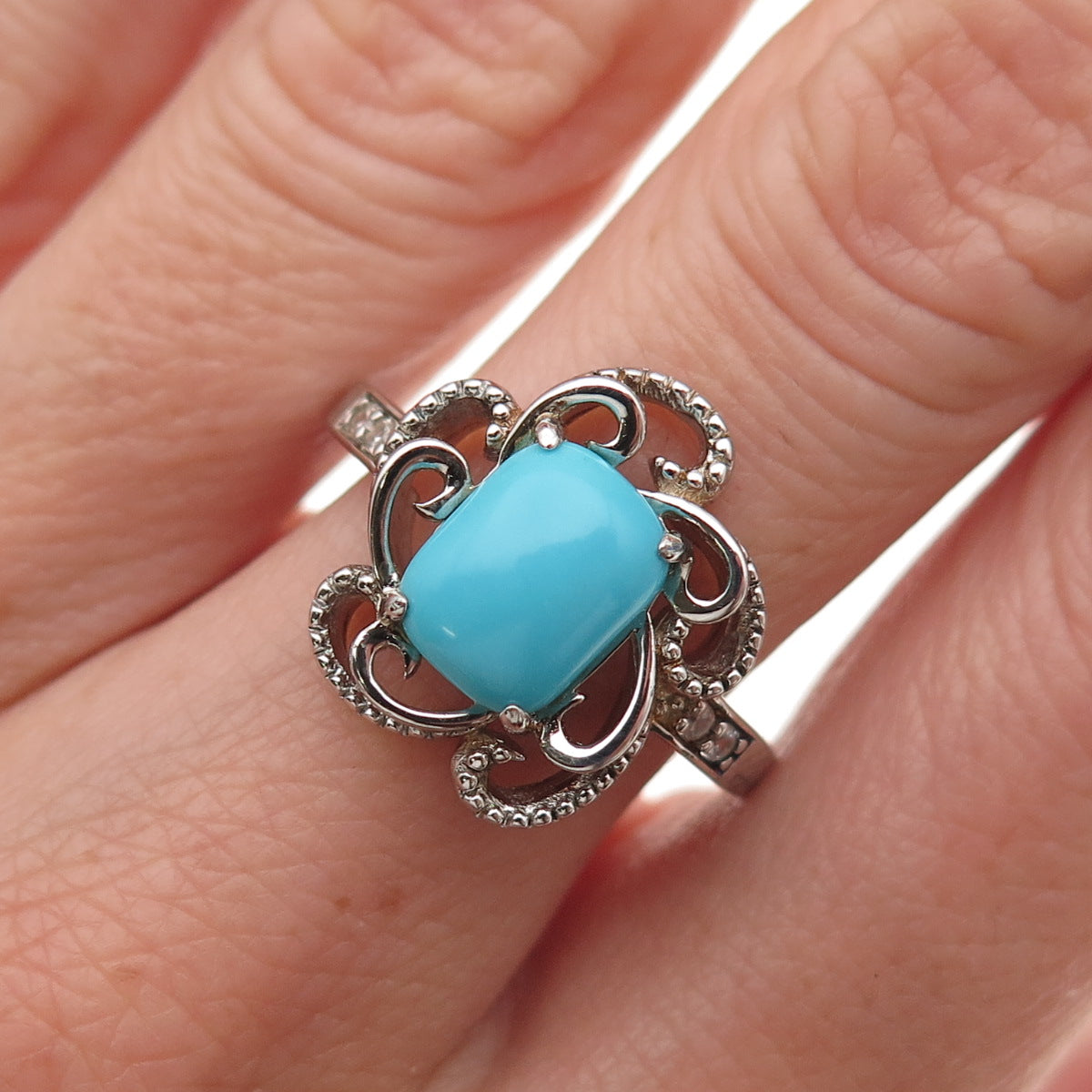 925 Sterling Real Sleeping Beauty Turquoise & White Topaz Floral Ring Size 8