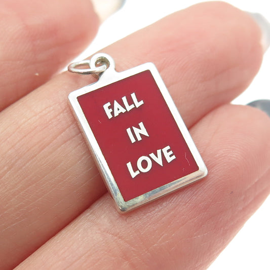 925 Sterling Silver Red Enamel "Fall In Love" Minimalist Charm Pendant