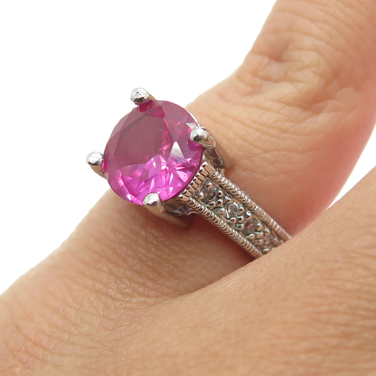 925 Sterling Silver Lab-Created Ruby & C Z Ring Size 5.25