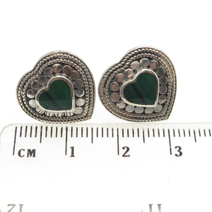 925 Sterling Silver Vintage Real Malachite Kali Heart Earrings