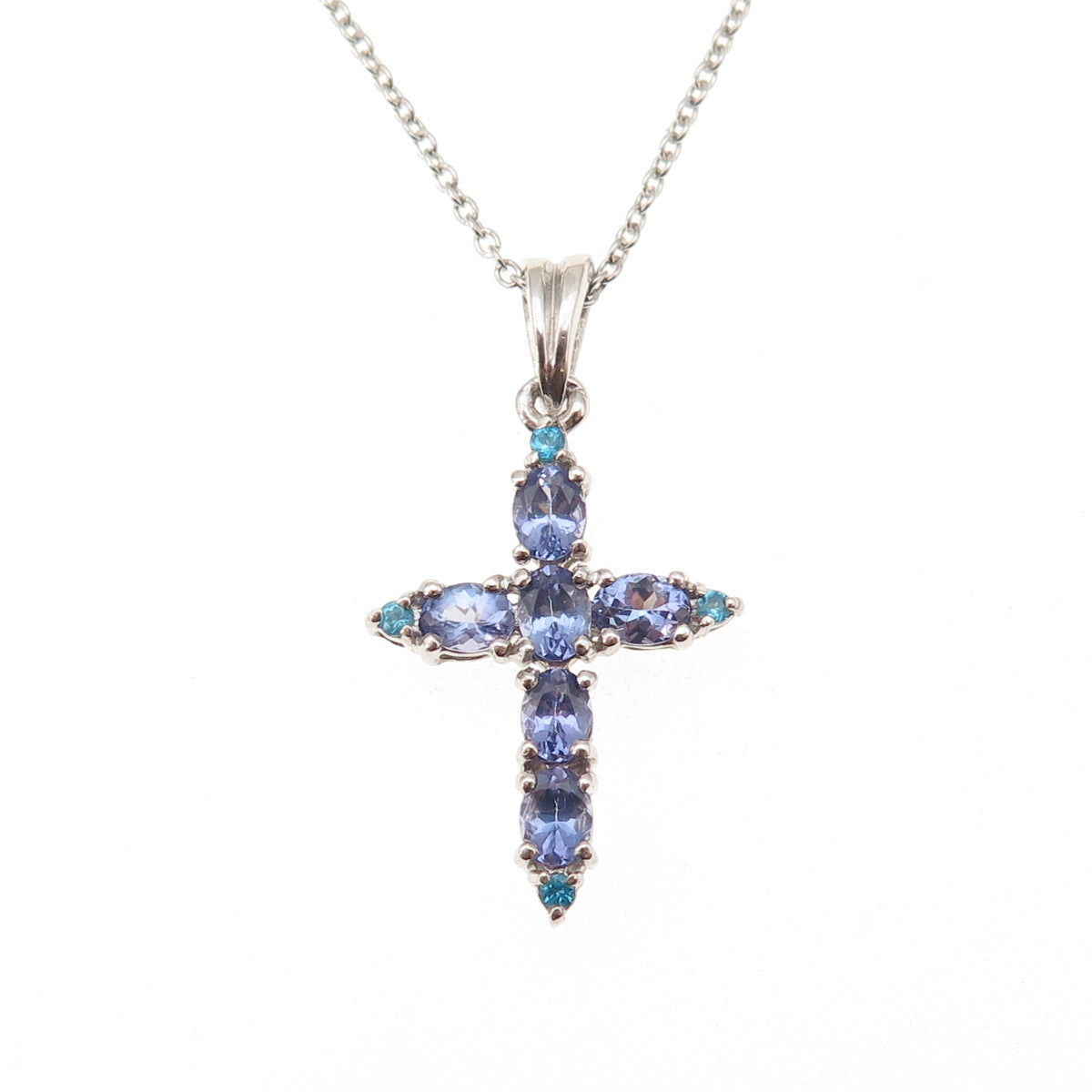 Chuck Clemency 925 Sterling Real Tanzanite & Apatite Cross Chain Necklace 18"