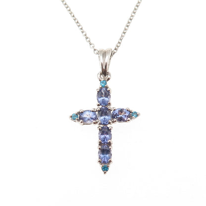 Chuck Clemency 925 Sterling Real Tanzanite & Apatite Cross Chain Necklace 18"