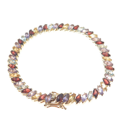 925 Sterling Gold Plated Amethyst Topaz Citrine Garnet Tennis Link Bracelet 7.5"