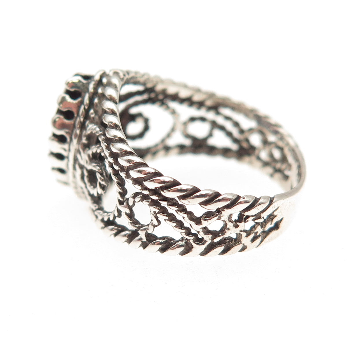 925 Sterling Silver Vintage Real Marquise-Cut Garnet Swirl Oxidized Ring Size 6