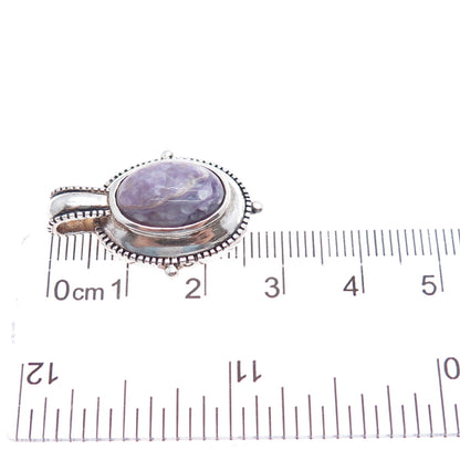 925 Sterling Silver Vintage Real Charoite Oxidized Charm Pendant