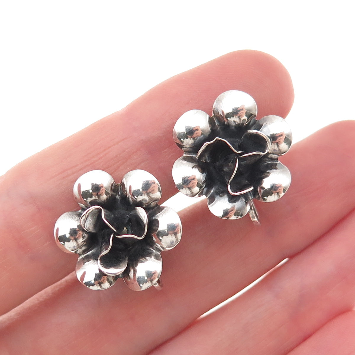Danecraft 925 Sterling Silver Vintage Floral Oxidized Screw Back Earrings