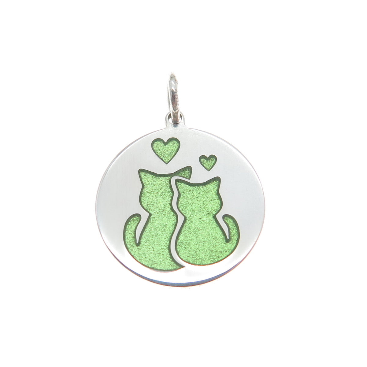 925 Sterling Silver Green Enamel Mom & Child Cat Heart Minimalist Charm Pendant
