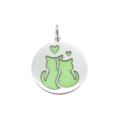 925 Sterling Silver Green Enamel Mom & Child Cat Heart Minimalist Charm Pendant
