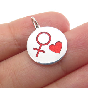 925 Sterling Silver Red Enamel Female Sign & Heart Minimalist Charm Pendant