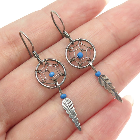 Old Pawn Sterling Silver Vintage Southwestern Real Lapis Dreamcatcher Earrings