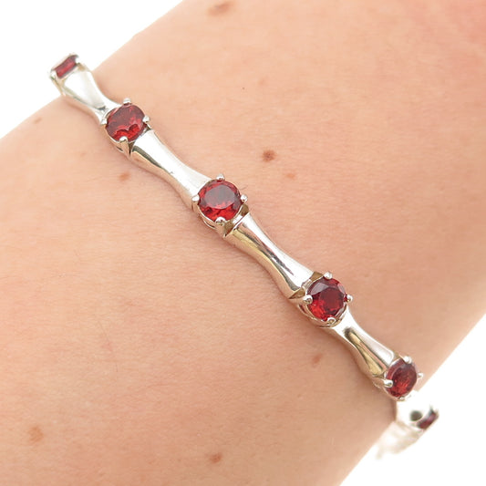 HAN 925 Sterling Silver Vintage Real Red Garnet Bamboo Link Bracelet 7.25"