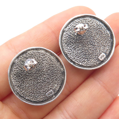 925 Sterling Silver Vintage Real Cabochon Aventurine Modernist Oxidized Earrings
