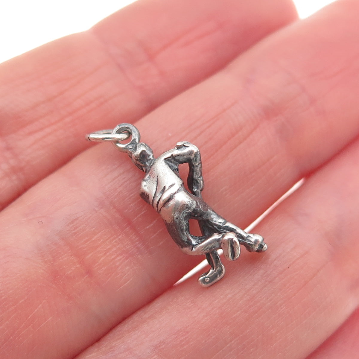 925 Sterling Silver Vintage Hockey Player Oxidized 3D Mini Charm Pendant