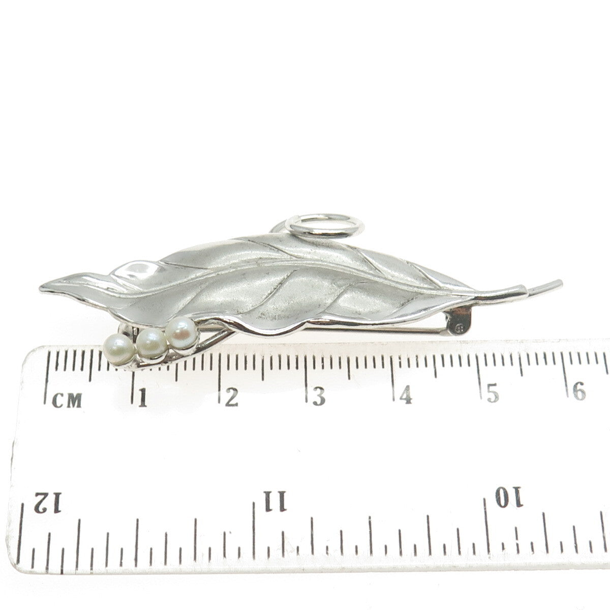 CARL ART 925 Sterling Silver Vintage Real Pearl Laurel Leaf Modernist Pin Brooch