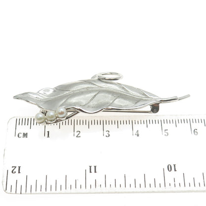 CARL ART 925 Sterling Silver Vintage Real Pearl Laurel Leaf Modernist Pin Brooch