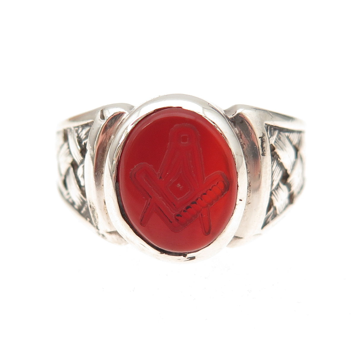 925 Sterling Silver Vintage Real Carnelian Masonic Oxidized Ring Size 8.75