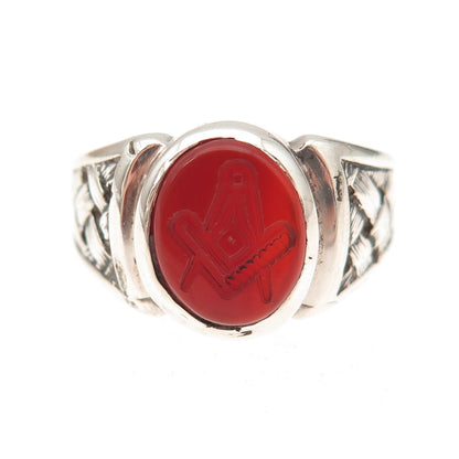 925 Sterling Silver Vintage Real Carnelian Masonic Oxidized Ring Size 8.75