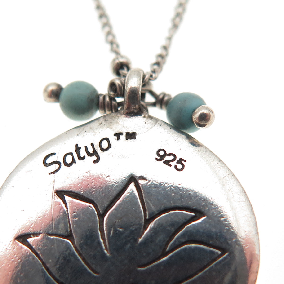 Satya 925 Sterling Silver Vintage Real Turquoise Lotus Tag Chain Necklace 20"