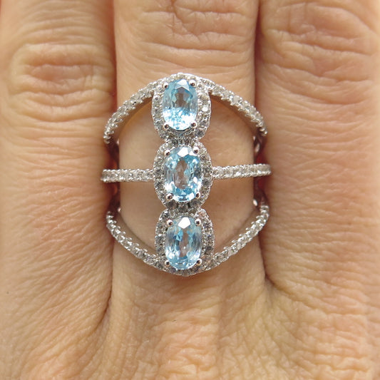 925 Sterling Silver Real Blue & White Topaz 3-Row Spine Ring Size 7.25
