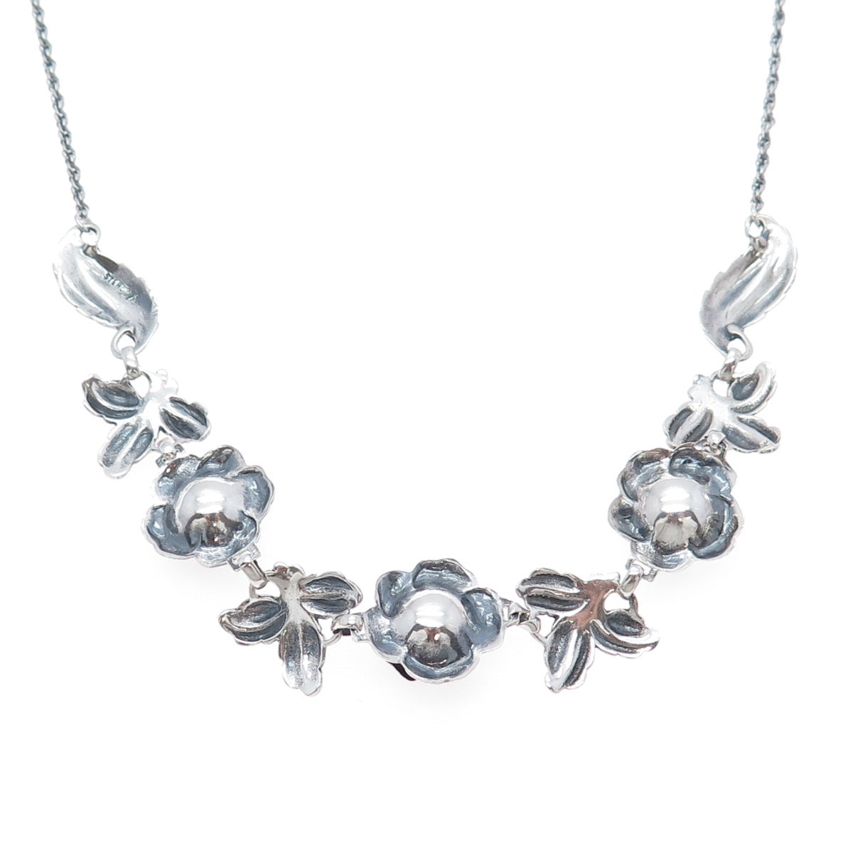 925 Sterling Silver Antique Rose Flower Oxidized Necklace 16" (missing lock)