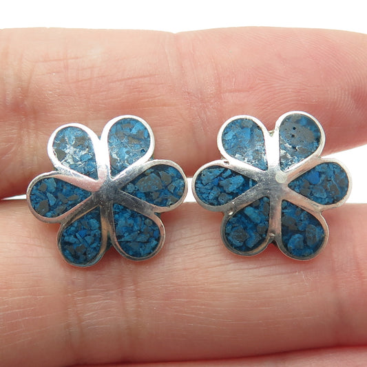 925 Sterling Silver Vintage MR Mexico Real Turquoise Inlay Flower Earrings