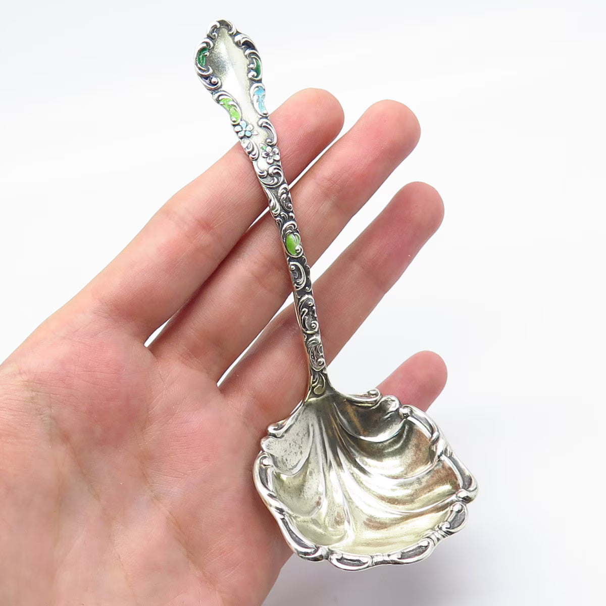 925 Sterling Silver Antique 1895 Campbell Metcalf Geneva Enamel Ladle