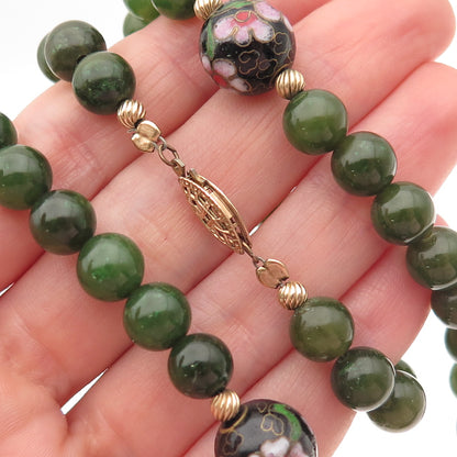 1/20 12K Gold Filled Vintage Cloisonne Enamel Real Jade Ball Beaded Necklace 24"