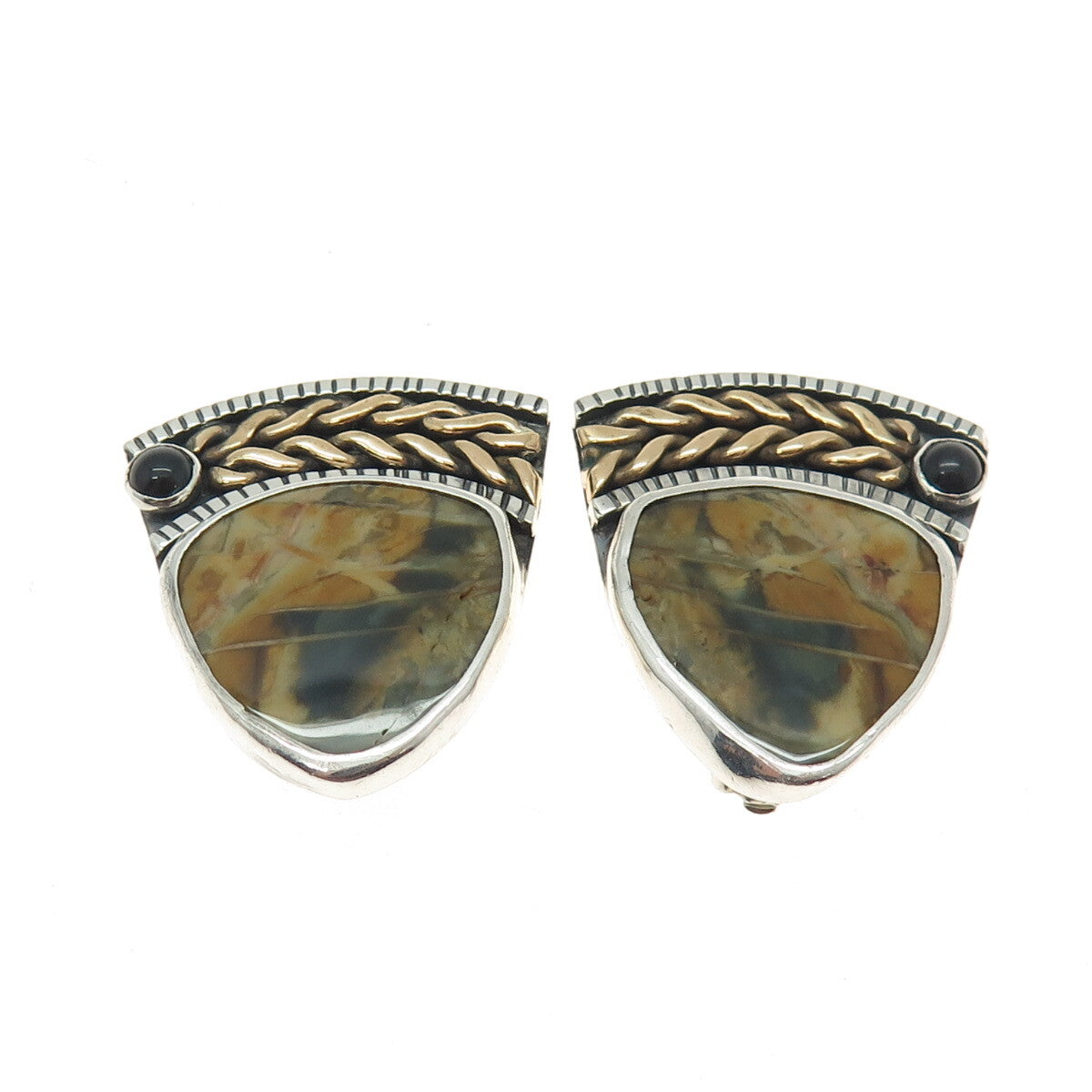 925 Sterling Silver 2-Tone Vintage Real Agate & Onyx Modernist Clip On Earrings