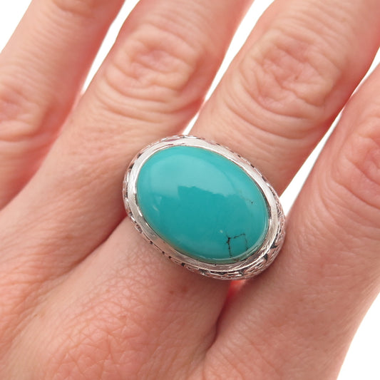 925 Sterling Silver Vintage Real Turquoise Floral Oxidized Ring Size 7