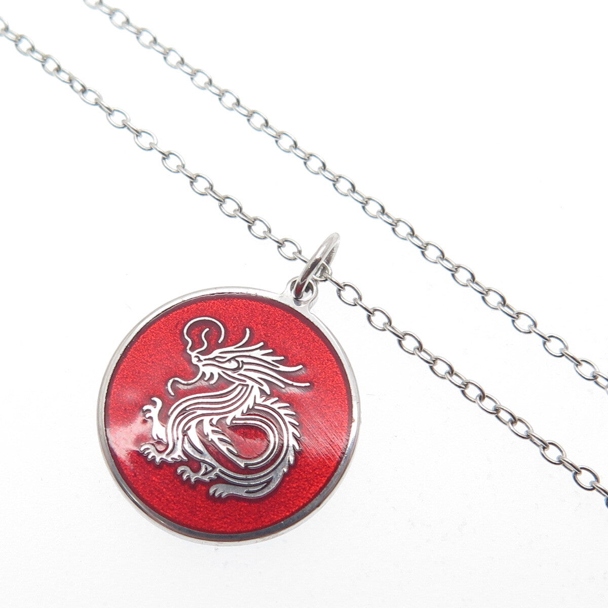 TOKEMOTI 925 Sterling Silver Red Enamel Chinese Dragon Cable Chain Necklace 18"