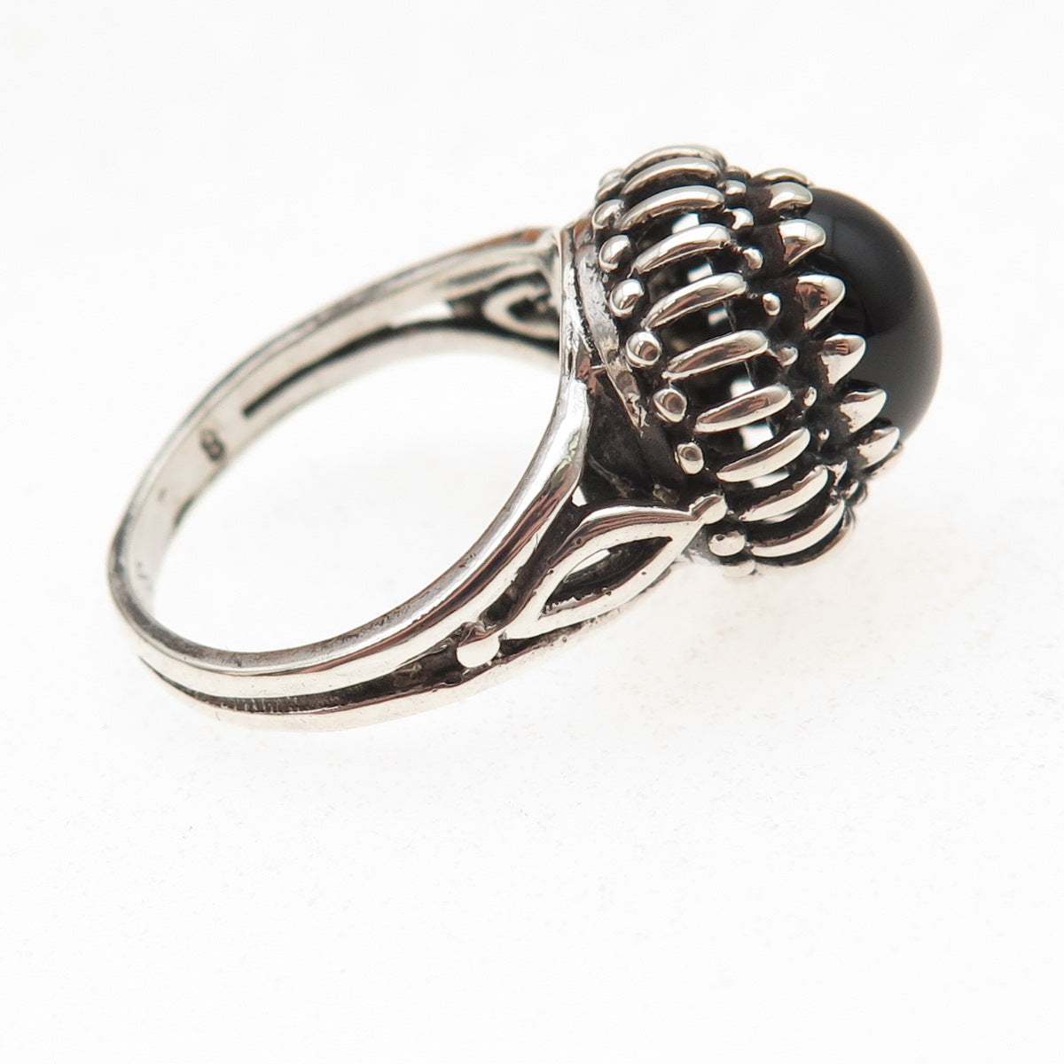 925 Sterling Silver Vintage Real Black Onyx Modernist Oxidized Ring Size 7.75