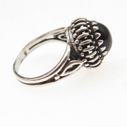925 Sterling Silver Vintage Real Black Onyx Modernist Oxidized Ring Size 7.75