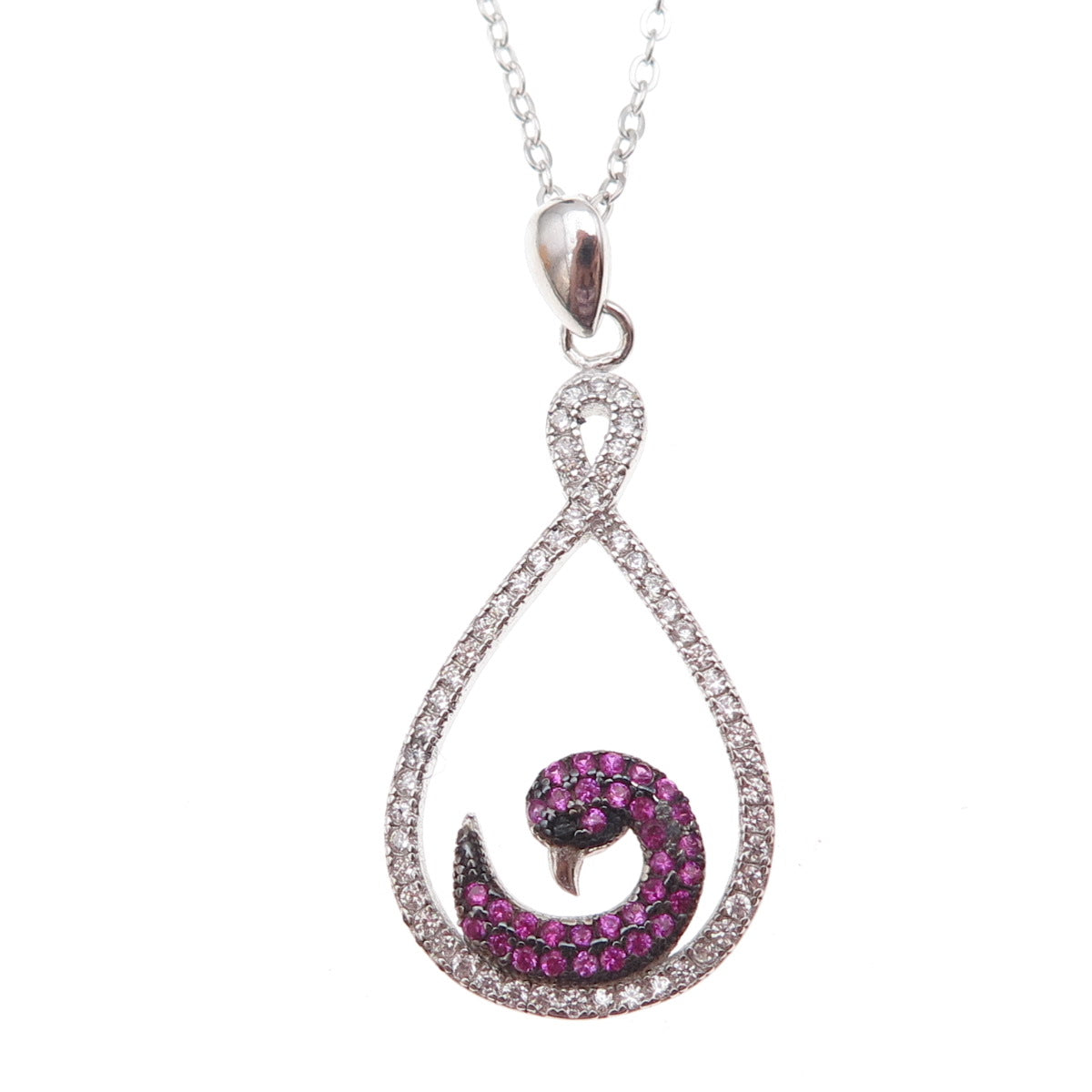 925 Sterling Silver Lab-Created Ruby Real White Topaz Swan Chain Necklace 18"