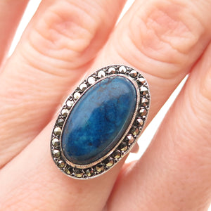 925 Sterling Silver Antique Art Deco Germany Real Lapis & Marcasite Ring Size 6