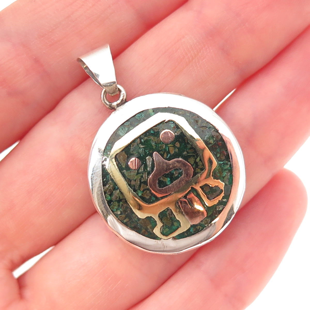 925 Sterling 3-Tone Vintage Real Turquoise Inlay Aztec Animal Charm Pendant
