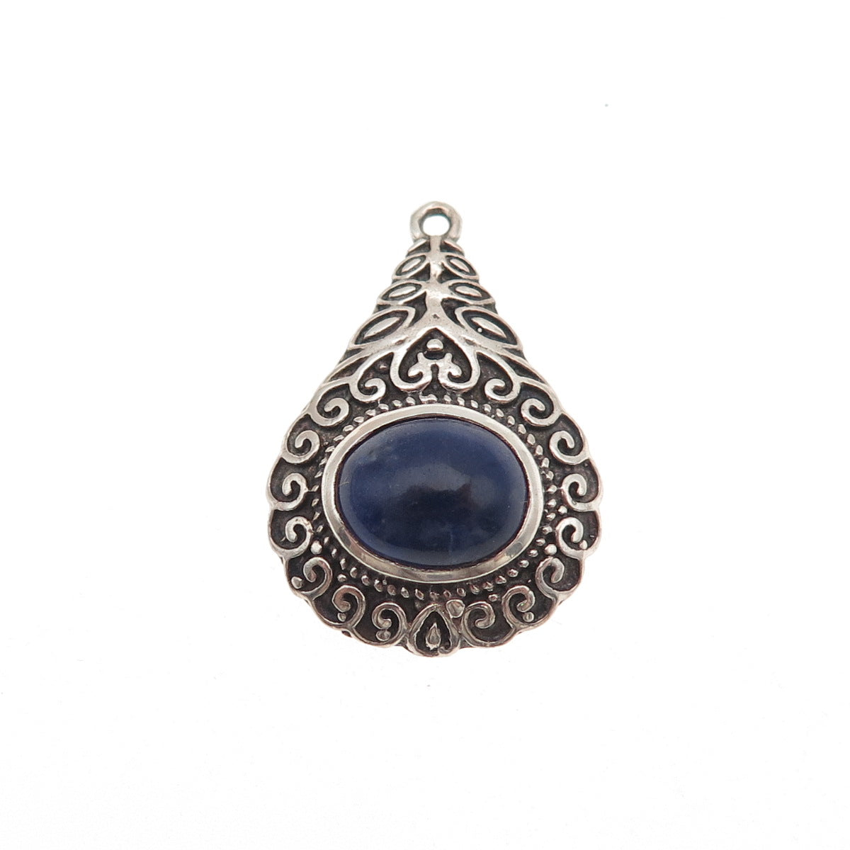 925 Sterling Silver Vintage Real Sodalite Teardrop Oxidized Charm Pendant